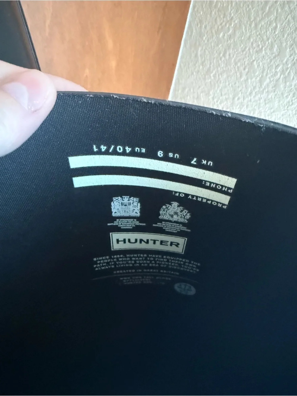 Hunter Black Rain Boot Interior Label